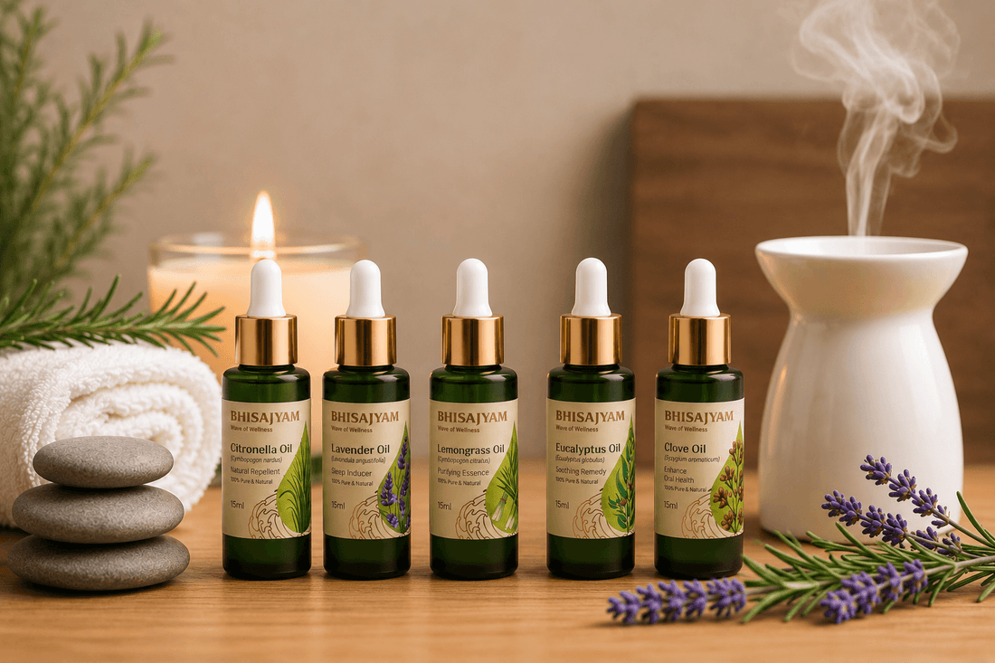 Bhisajyam essential oils for every Indian home featuring Citronella, Lavender, Lemongrass, Eucalyptus, and Clove Oil in a soothing home setting.