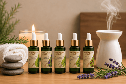 Bhisajyam essential oils for every Indian home featuring Citronella, Lavender, Lemongrass, Eucalyptus, and Clove Oil in a soothing home setting.