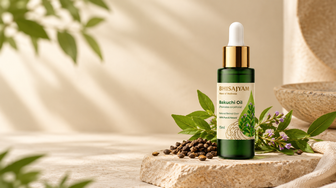 Bhisajyam Bakuchi Oil dropper bottle with babchi seeds and leaves, a natural retinol alternative for skin