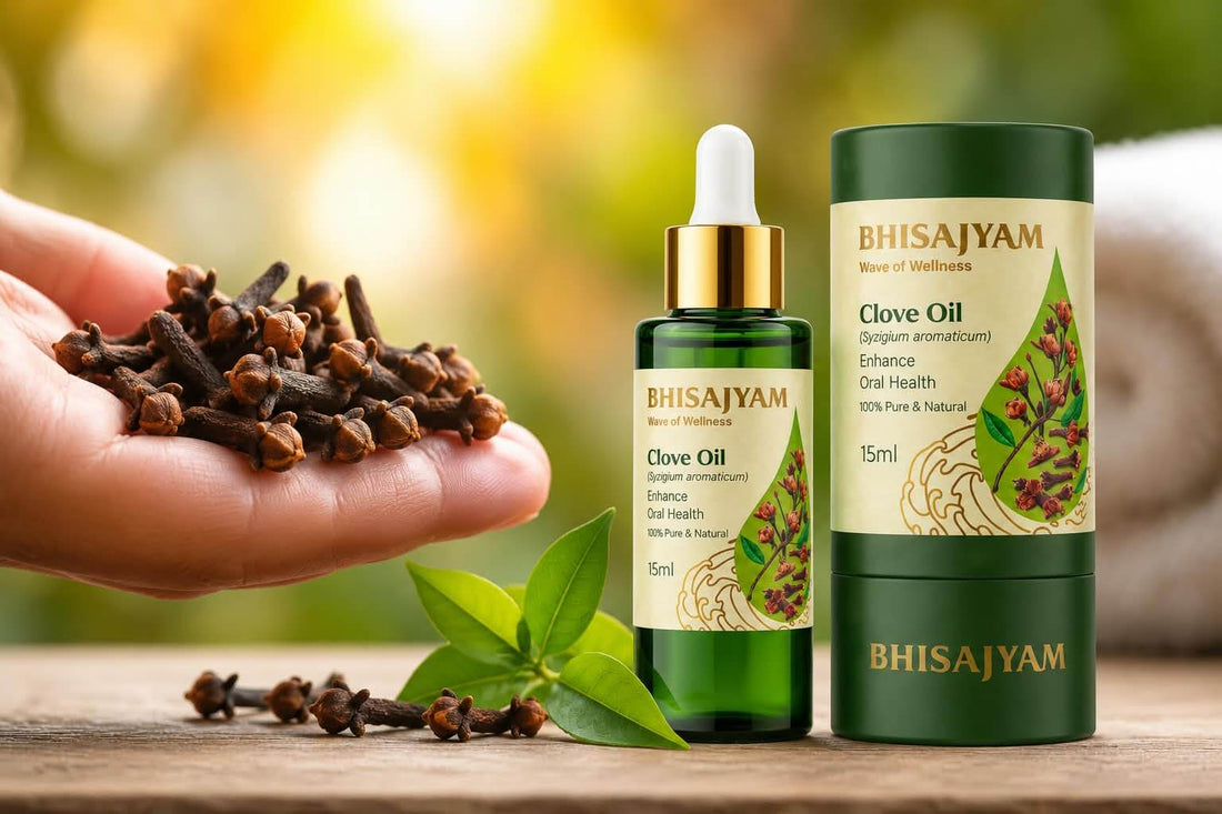 Bhisajyam Clove Essential Oil with fresh cloves and clove buds