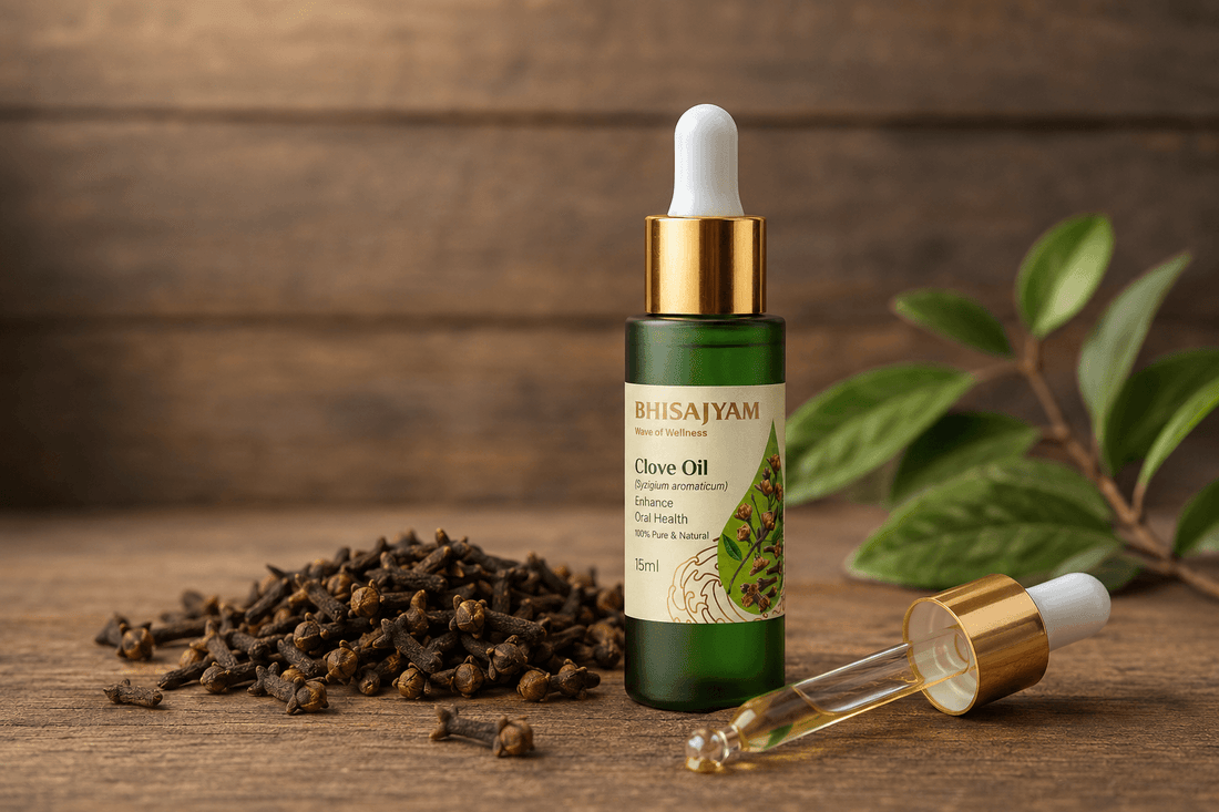 Bhisajyam 100% Pure Clove Essential Oil with premium packaging displayed alongside whole cloves on a rustic wooden background, promoting natural oral health and toothache relief