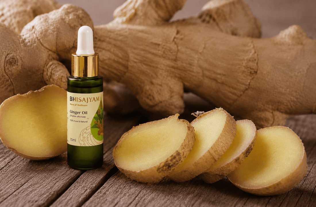 Bhisajyam Ginger Oil bottle with fresh ginger roots and sliced ginger on a rustic wooden background