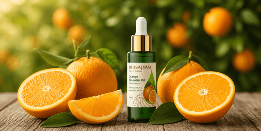 Bhisajyam Orange Essential Oil bottle surrounded by fresh whole and sliced oranges on a wooden surface.