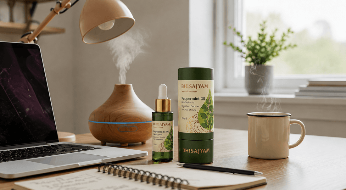 Bhisajyam Peppermint Oil on a modern workspace desk with a diffuser, laptop, notebook and coffee mug for focus and productivity.
