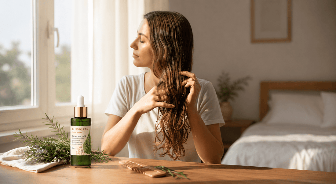 Woman applying hair care with Bhisajyam Rosemary Oil bottle, fresh rosemary sprigs, and a wooden comb.