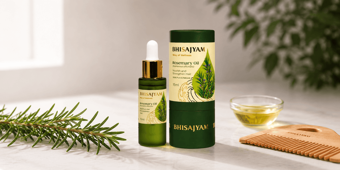 Bhisajyam Rosemary Oil bottle and packaging displayed with fresh rosemary sprigs, a wooden comb, and a bowl of oil on a marble surface in a natural wellness-inspired setting