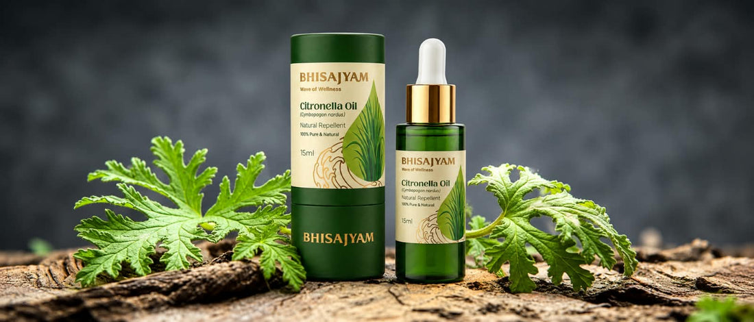 Bhisajyam Citronella Oil bottle with fresh citronella leaves, a natural and pure mosquito repellent for skin and home