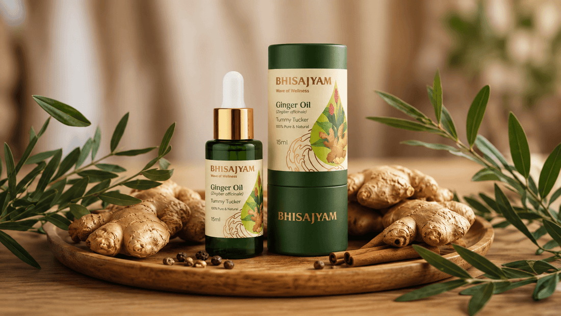 Bhisajyam Ginger Oil for digestion a natural remedy for bloating, gas, and stomach discomfort, 15ml bottle with fresh ginger root