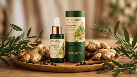 Bhisajyam Ginger Oil for digestion a natural remedy for bloating, gas, and stomach discomfort, 15ml bottle with fresh ginger root