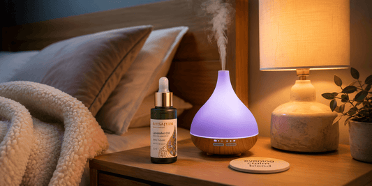 Bhisajyam Lavender Oil bottle beside a glowing essential oil diffuser on a cozy bedroom nightstand for a calming night time routine.