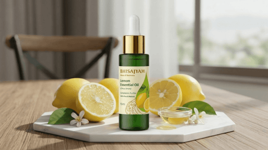 Lemon essential oil bottle with fresh lemons and citrus blossoms