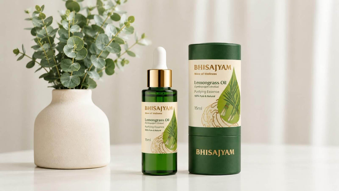 Bhisajyam pure lemongrass essential oil bottle and box beside a vase of eucalyptus on a bright home table