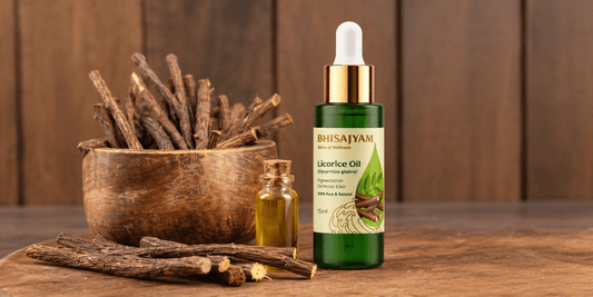 Bhisajyam Licorice Oil bottle with licorice root sticks in a wooden bowl, natural skincare for pigmentation and dark spots