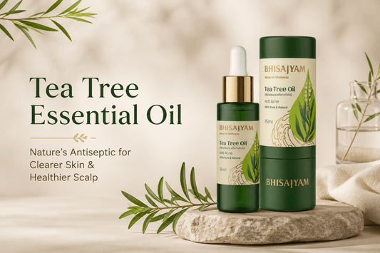 Bhisajyam Tea Tree Essential Oil with tea tree botanicals, styled for clearer skin and a healthier scalp.