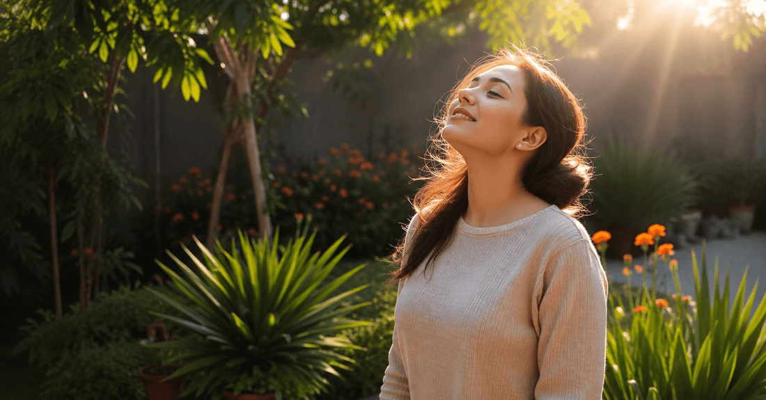 Woman enjoying warm morning sunlight in a peaceful garden, symbolizing natural women's wellness, relaxation, hormonal balance, and self-care.