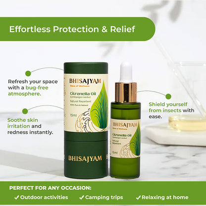 Benefits of Bhisajyam Citronella Essential Oil for mosquito protection and outdoor safety