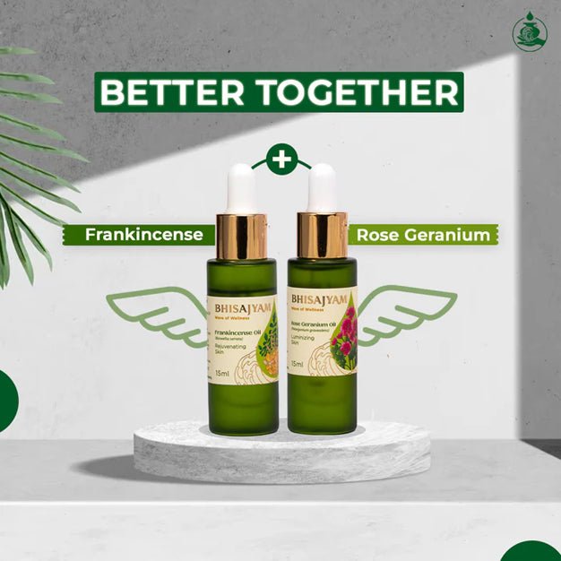 Bhisajyam Frankincense and Rose Geranium Essential Oil combo for glowing skin and balanced skincare routine
