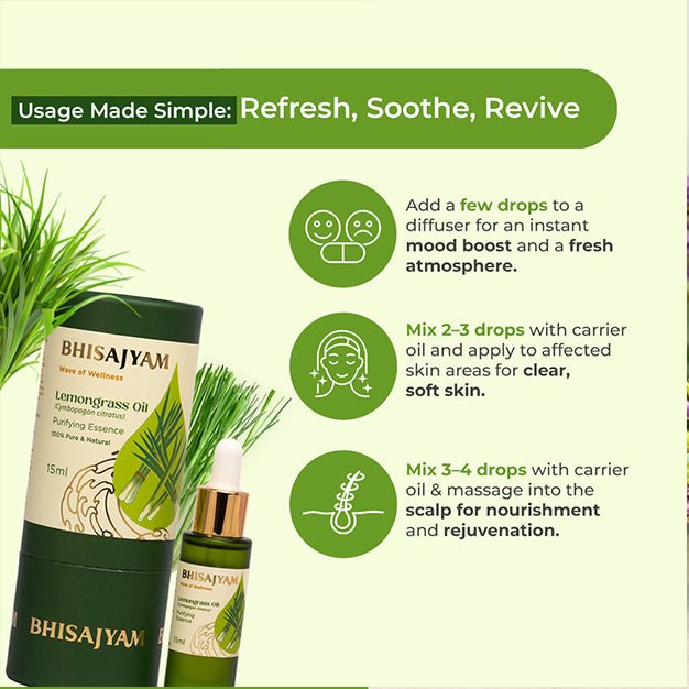 How to use Bhisajyam Lemongrass Essential Oil in diffuser and scalp care routine