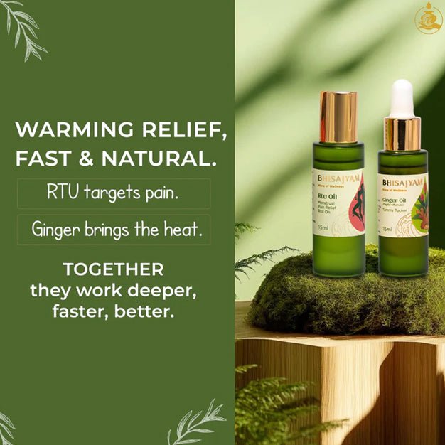 Benefits of RTU and ginger oil combo for menstrual cramps muscle pain relief and body relaxation
