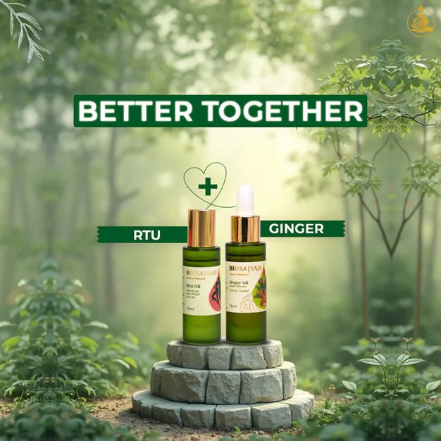 Bhisajyam RTU Oil and Ginger Essential Oil combo for period pain relief muscle pain and natural massage therapy