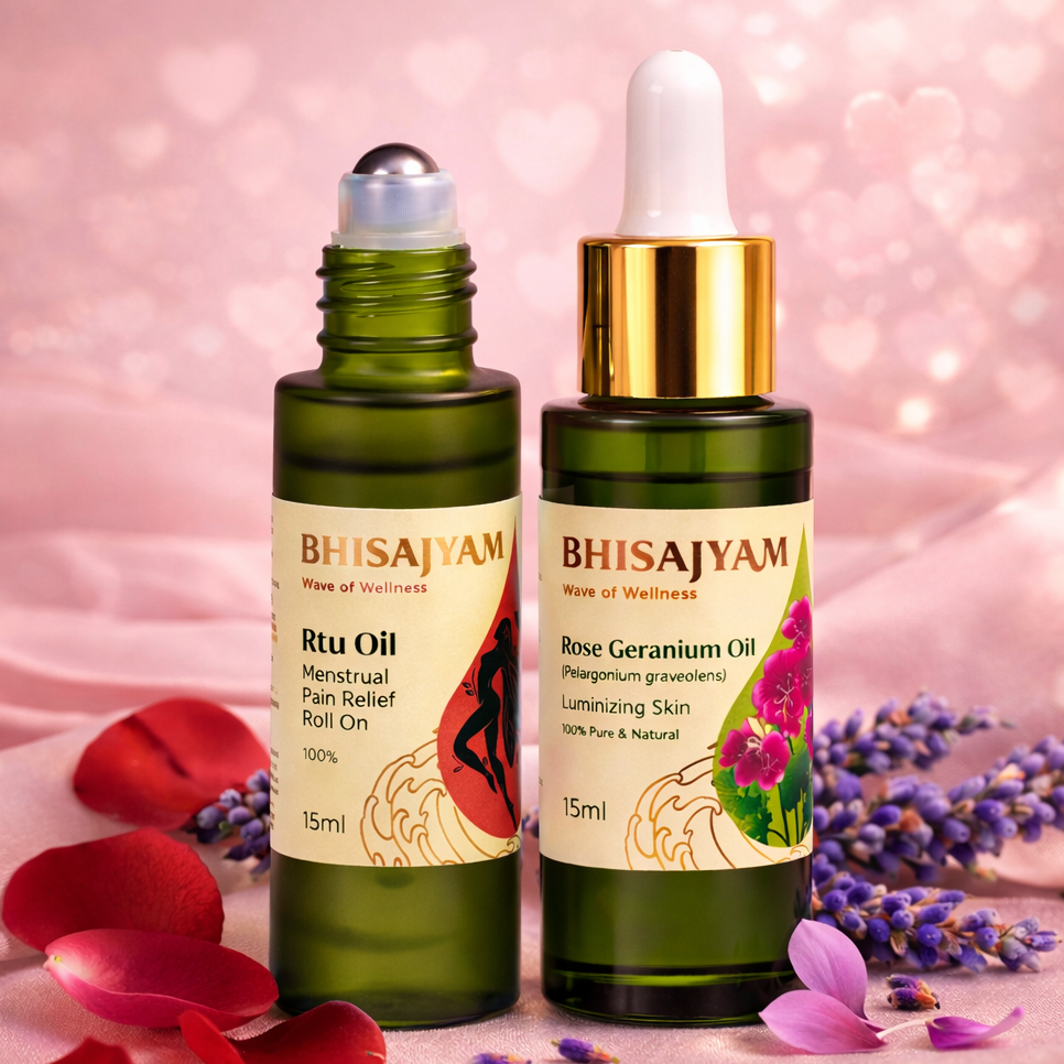 Bhisajyam RTU Oil and Rose Geranium Essential Oil combo for period pain relief and hormonal balance