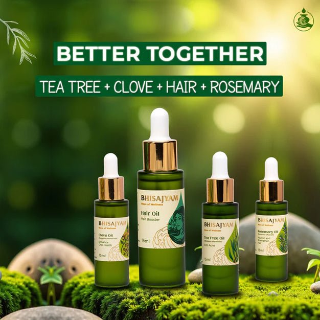 Bhisajyam hair care combo with tea tree clove hair oil and rosemary oil for hair fall control and scalp treatment