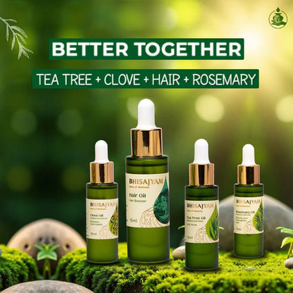 Bhisajyam hair care combo with tea tree clove hair oil and rosemary oil for hair fall control and scalp treatment