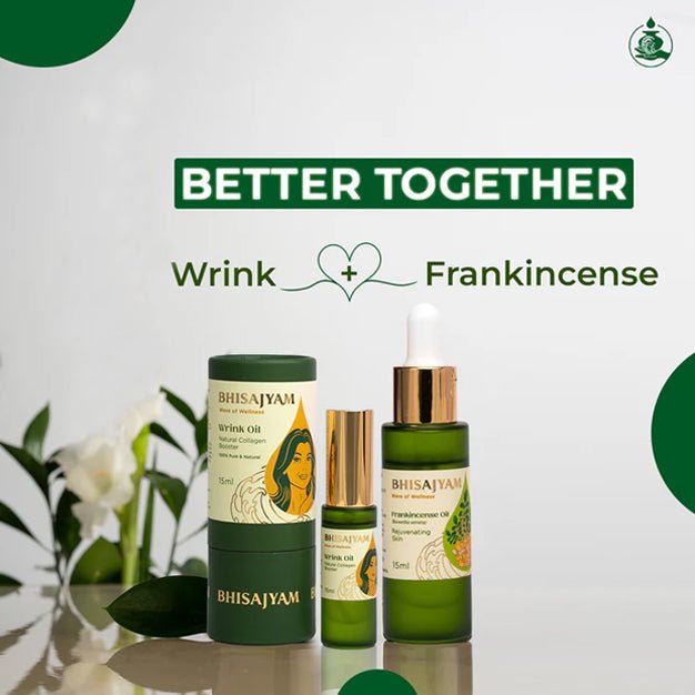Bhisajyam Wrink Oil and Frankincense Essential Oil combo for wrinkle reduction and youthful glowing skin