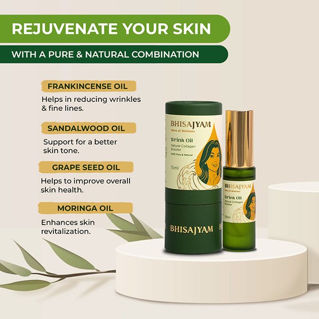 Benefits of Bhisajyam Wrink Oil for anti aging skin glow and wrinkle reduction